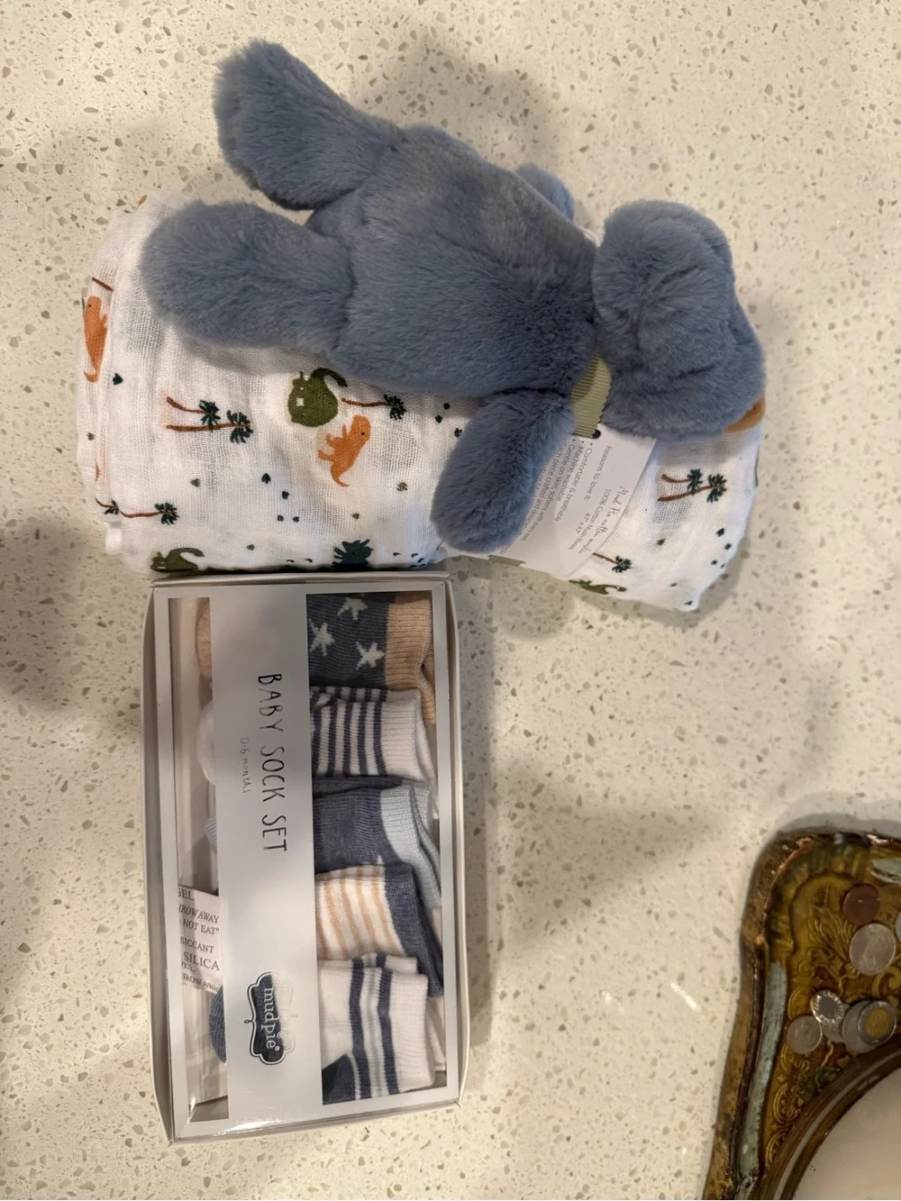 Mud Pie Gray and White Cotton Muslin Swaddle & Rattle